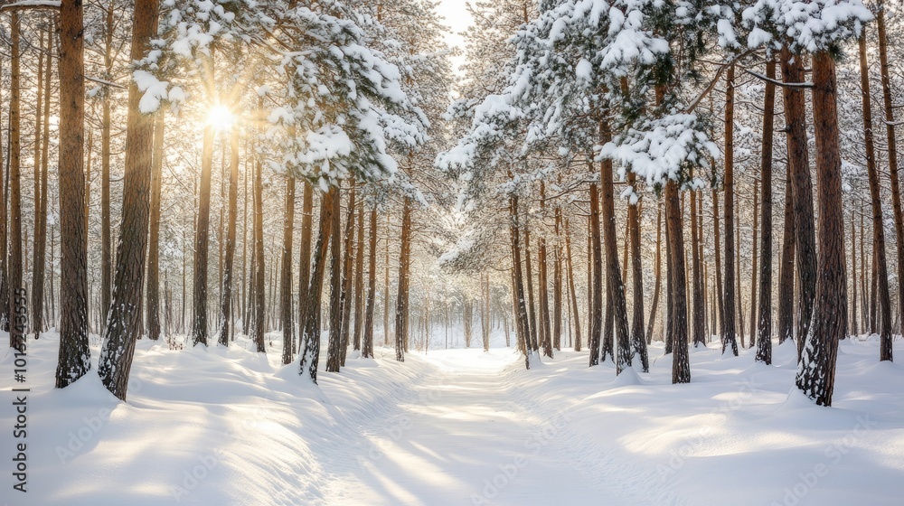 Sun shining through a snowy pine forest. Sun shining through a snowy pine forest.