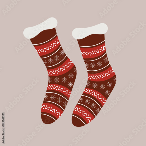 Christmas pair of socks with pattern. New Year ornament, decoration. Flat vector illustration