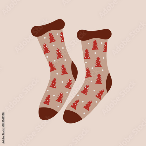 Christmas pair of socks with Christmas tree pattern. Flat vector illustration