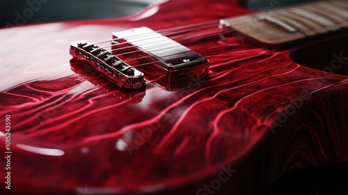 A detailed image of a red guitar, with intricate wood grain and glossy surface reflecting soft light.