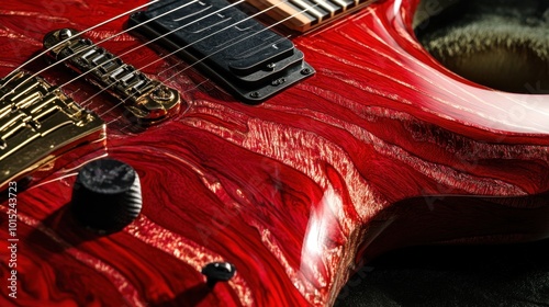 A detailed image of a red guitar, with intricate wood grain and glossy surface reflecting soft light.