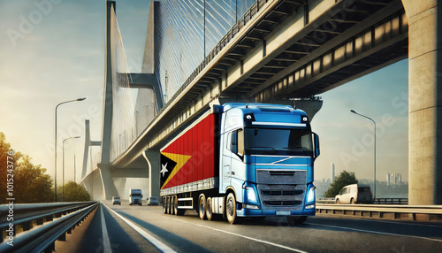 Blue semi-truck with an East Timor flag trailer driving under a large modern bridge. Perfect for showcasing freight transport, trucking, logistics, and cross-country shipping