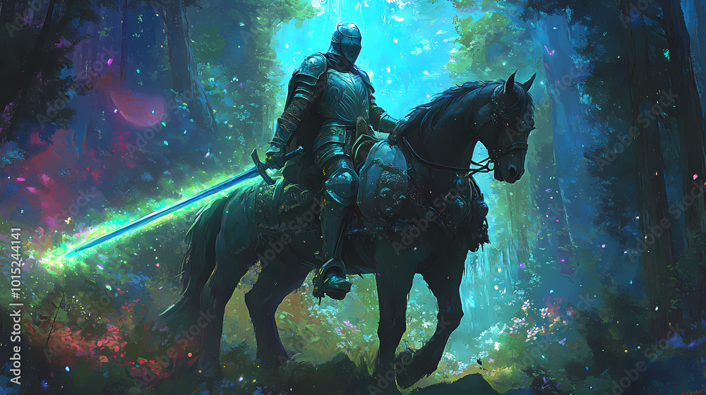 A knight in shining armor, atop a noble steed, wields a glowing enchanted sword, poised at the ancient forest's edge, ready for adventure. Heros Journey. Illustration A knight in shining armor, atop a noble steed, wields a glowing enchanted sword, poised at the ancient forest's edge, ready for adventure. Heros Journey. Illustration