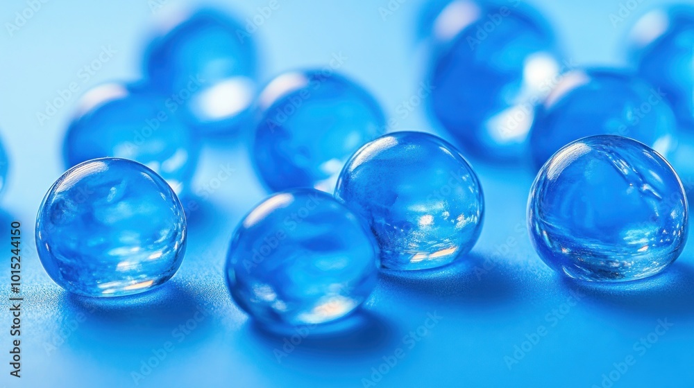 Close-up of translucent blue spheres on a blue background. Close-up of translucent blue spheres on a blue background.