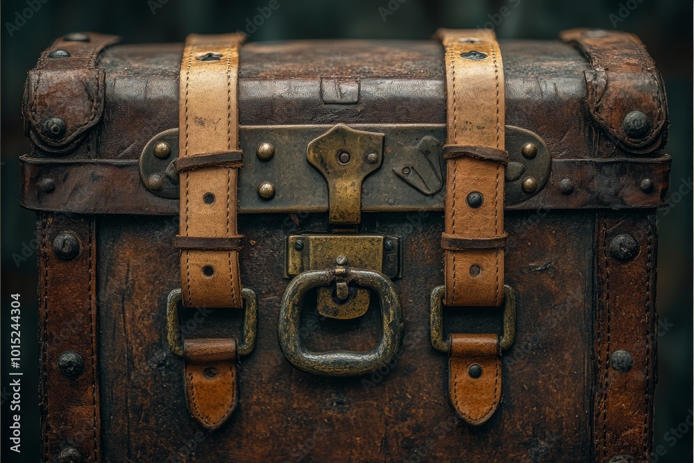Antique leather trunk with ornate metal details for vintage travel Antique leather trunk with ornate metal details for vintage travel