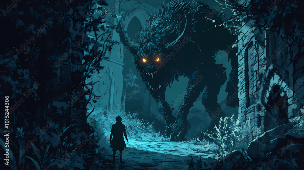 Obraz premium A lone figure approaches a menacing beast in a dark, overgrown passageway. Shadow Beast. Illustration