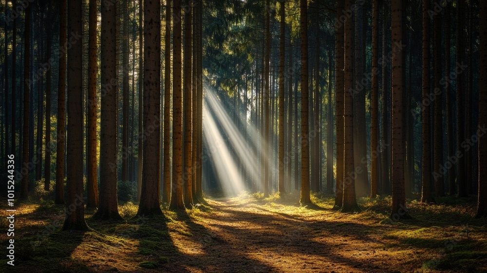 Naklejka premium Sunlight beams through the trees in a dense forest.