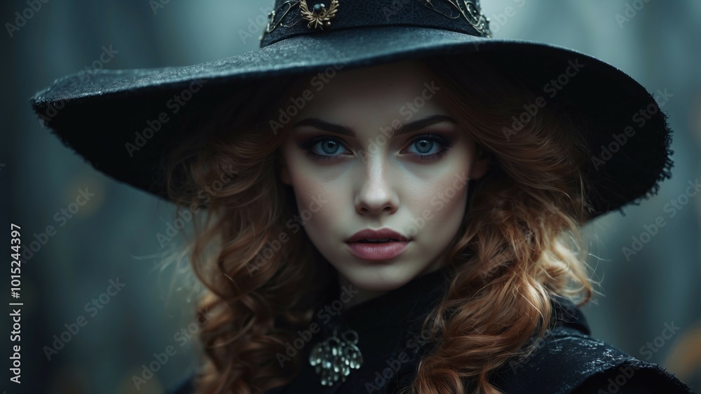 Close-up portrait of a woman wearing a large black hat, with striking eyes and dramatic lighting, evoking a mysterious and captivating mood.
Close-up portrait of a woman wearing a large black hat, with striking eyes and dramatic lighting, evoking a mysterious and captivating mood.