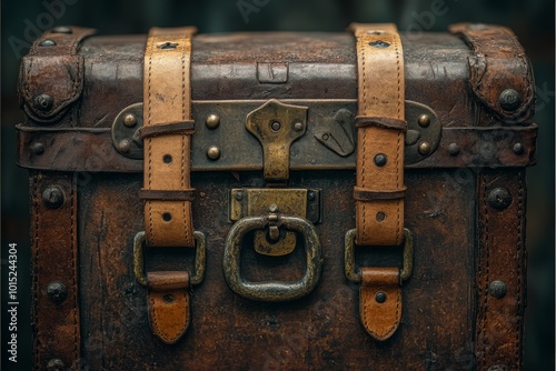 Antique leather trunk with ornate metal details for vintage travel