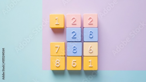 Colorful blocks with numbers arranged in a grid on a pastel background.