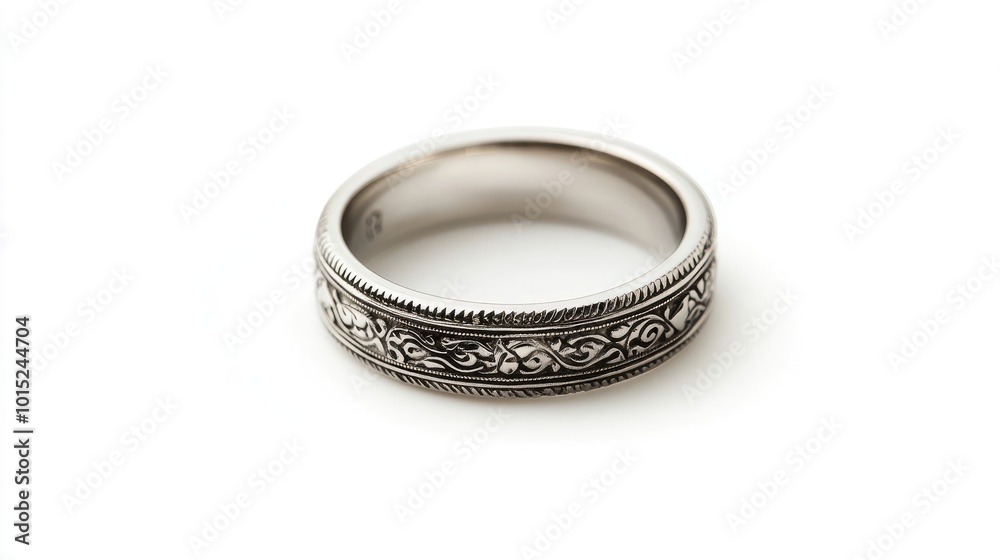 A beautifully crafted silver ring with delicate engravings, isolated on a pure white background, highlighting its craftsmanship and subtle elegance. A beautifully crafted silver ring with delicate engravings, isolated on a pure white background, highlighting its craftsmanship and subtle elegance.