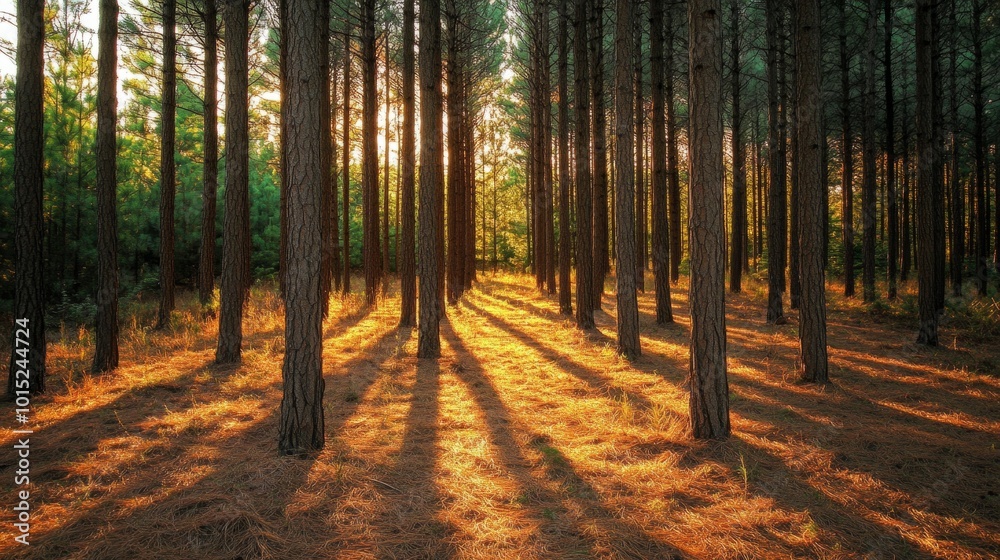Obraz premium Sunset rays illuminate a forest of tall pine trees, casting long shadows on the forest floor.
