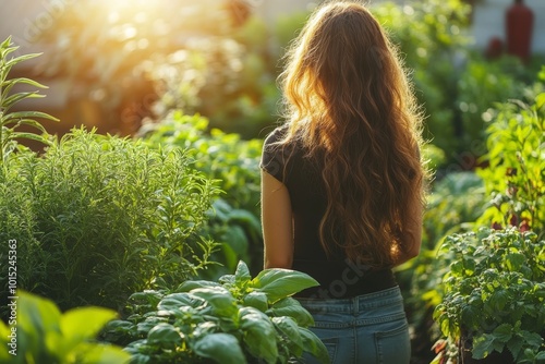Woman gardening in lush, vibrant greenery, enjoying a peaceful moment outdoors under sunlight