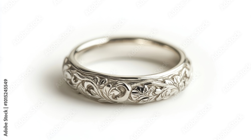 A finely engraved silver ring displayed against a crisp white background, focusing on the delicate craftsmanship and sleek design. A finely engraved silver ring displayed against a crisp white background, focusing on the delicate craftsmanship and sleek design.