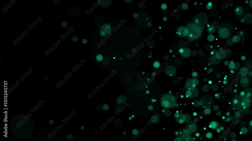 Abstract dust particles with green light on dark background. Science backdrop with moving glittering dots. Flying particles with effect bokeh. 3d rendering.