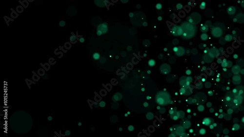 Abstract dust particles with green light on dark background. Science backdrop with moving glittering dots. Flying particles with effect bokeh. 3d rendering.