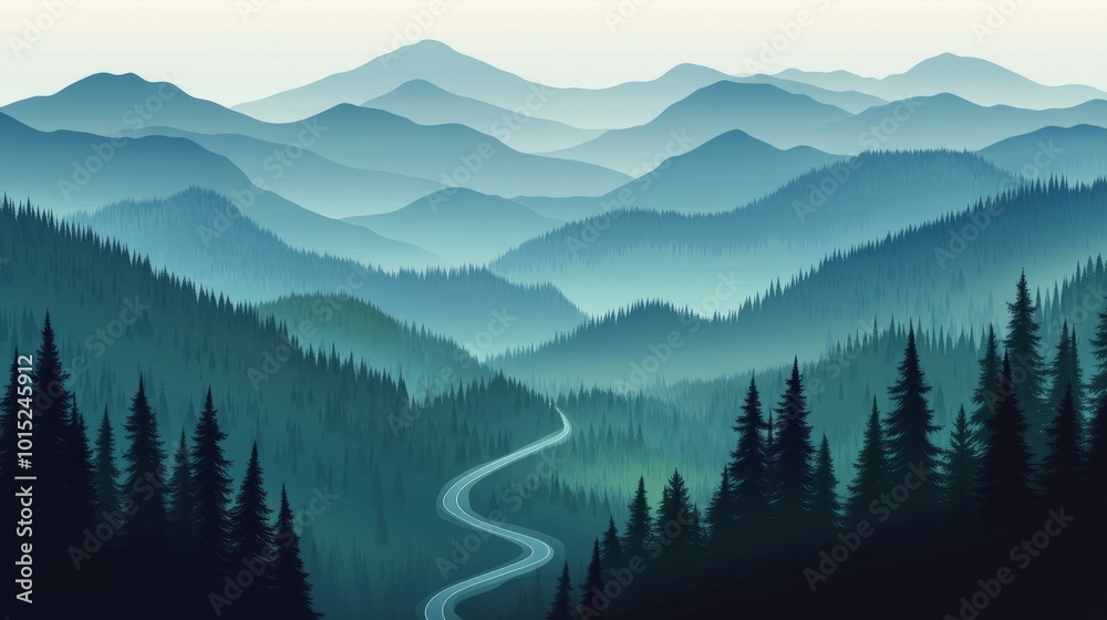Fototapeta premium Winding road through a valley in a mountain range with blue misty peaks.