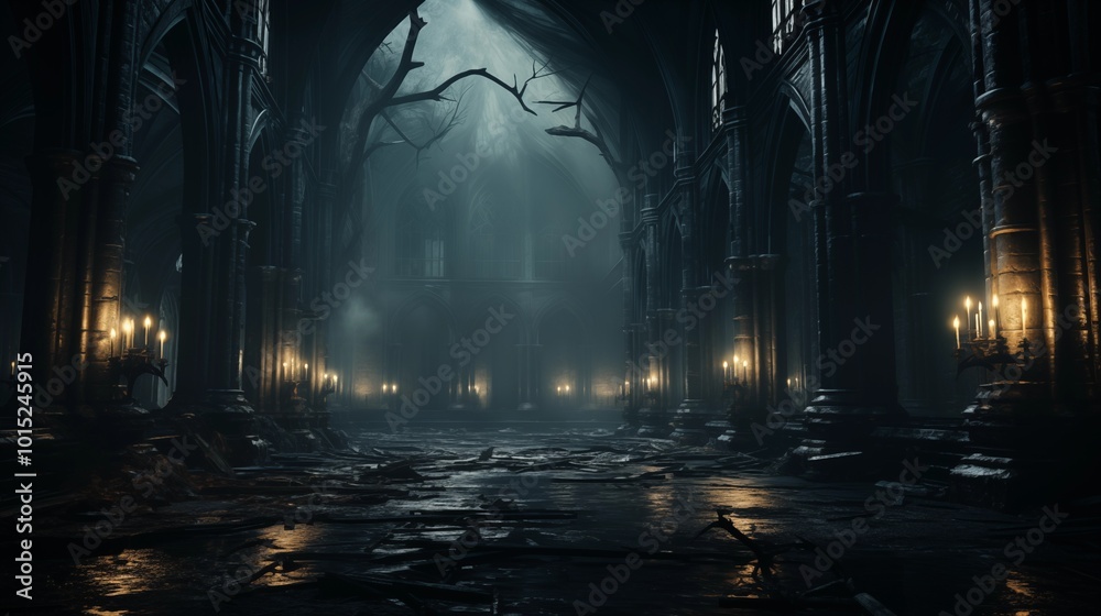 dark gothic abandoned ancient chapel hall interior with tall windows and columns, foggy and empty, neural network generated art. Digitally generated image. Not based on any actual scene or pattern. dark gothic abandoned ancient chapel hall interior with tall windows and columns, foggy and empty, neural network generated art. Digitally generated image. Not based on any actual scene or pattern.
