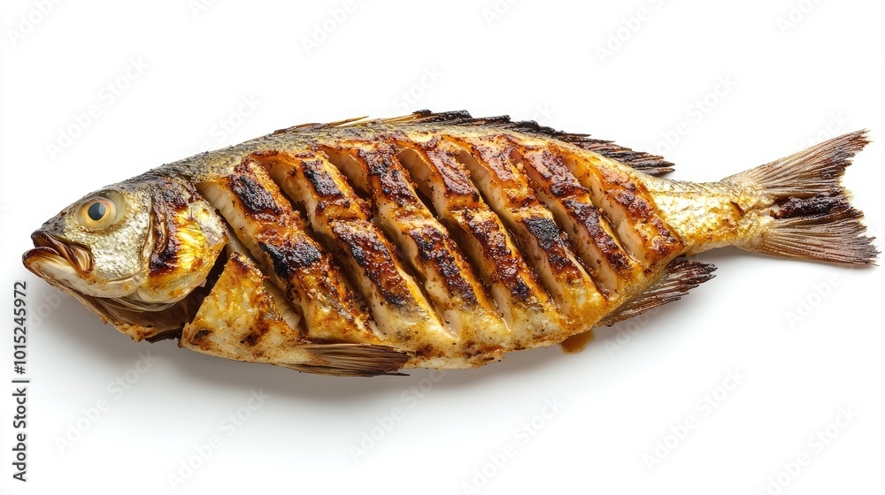A perfectly grilled whole fish, golden and crispy, with grill marks, placed on a clean white background, showcasing fresh seafood simplicity. A perfectly grilled whole fish, golden and crispy, with grill marks, placed on a clean white background, showcasing fresh seafood simplicity.