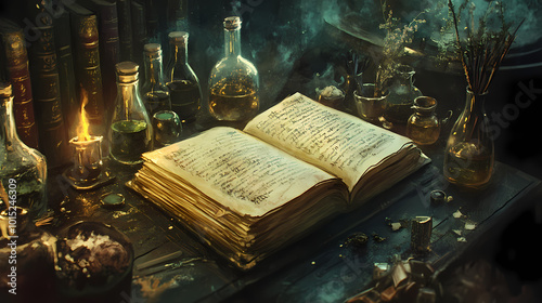 An ancient alchemists study in a mythical realm. Spellbook. Illustration