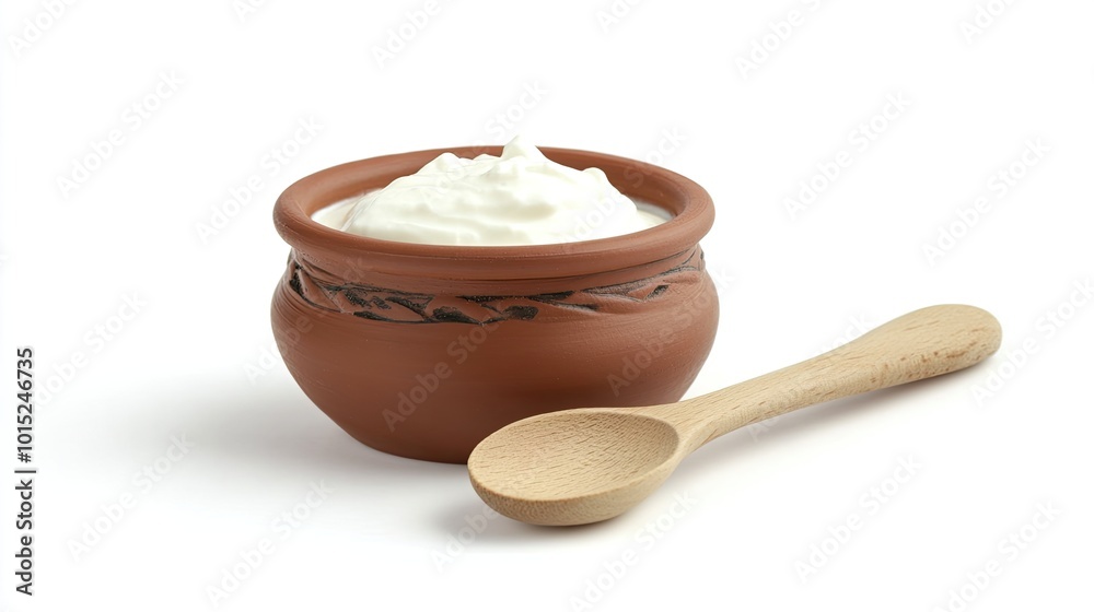 A serving of Greek yogurt in a clay pot with a wooden spoon, placed on a pure white background, blending rustic and clean aesthetics. A serving of Greek yogurt in a clay pot with a wooden spoon, placed on a pure white background, blending rustic and clean aesthetics.