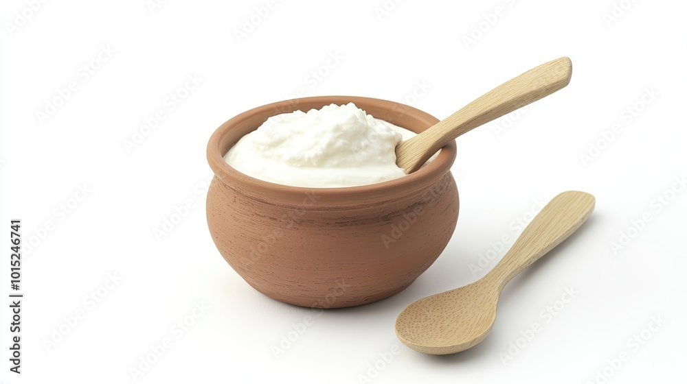A serving of Greek yogurt in a clay pot with a wooden spoon, placed on a pure white background, blending rustic and clean aesthetics. A serving of Greek yogurt in a clay pot with a wooden spoon, placed on a pure white background, blending rustic and clean aesthetics.