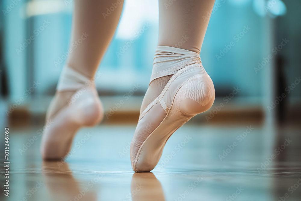Ballerina's feet in pink ballet shoes at practice Ballerina's feet in pink ballet shoes at practice