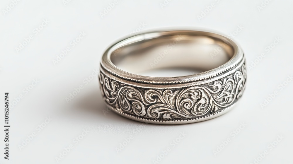 A silver band with intricate hand-engraved designs, isolated on a white background, highlighting its timeless craftsmanship.