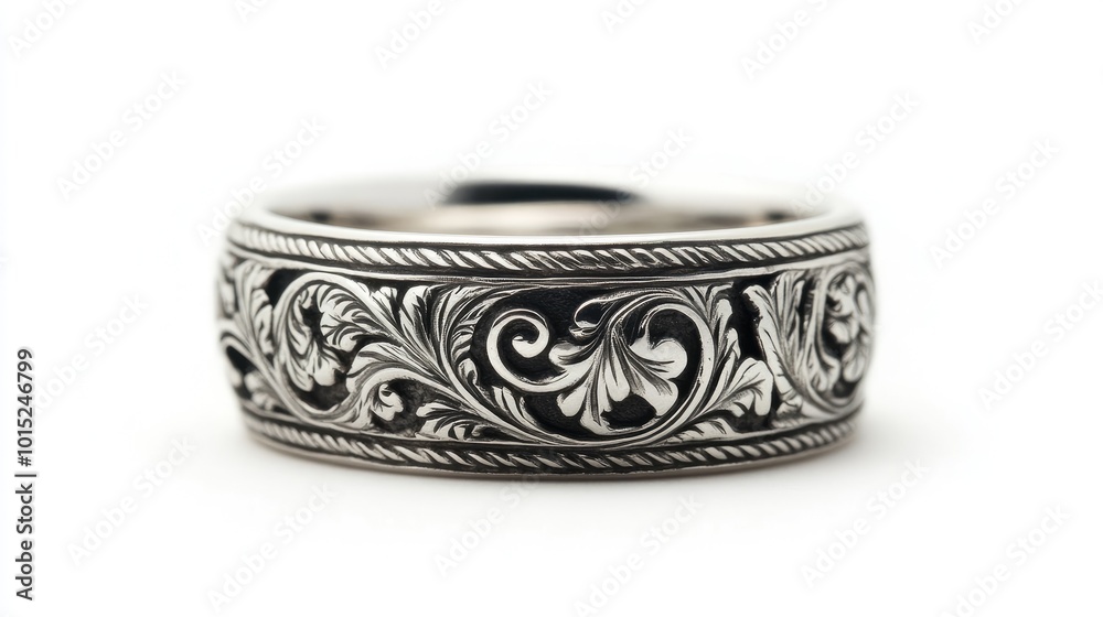 A silver band with intricate hand-engraved designs, isolated on a white background, highlighting its timeless craftsmanship. A silver band with intricate hand-engraved designs, isolated on a white background, highlighting its timeless craftsmanship.