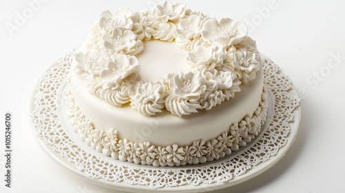 A round, vintage-style cake with piped cream and dainty sugar flowers, sitting on a lace-patterned plate against a pure white background.