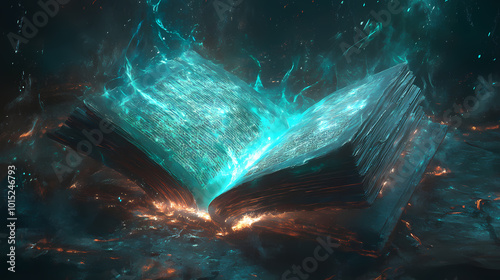 An ancient spellbook lies open, illuminated by spectral flames, its pages filled with cryptic symbols and forgotten rituals. Spellbook. Illustration