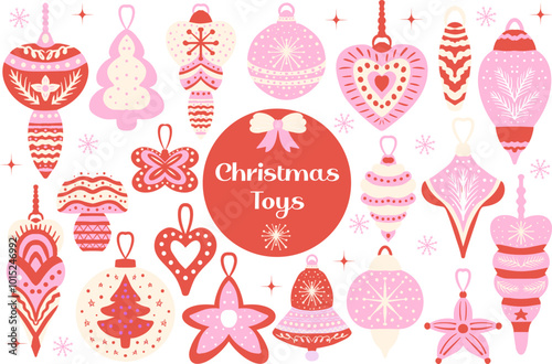 Christmas Coquette toys set pink and red color. Collection in pastel pink colours. Vector illustration photo