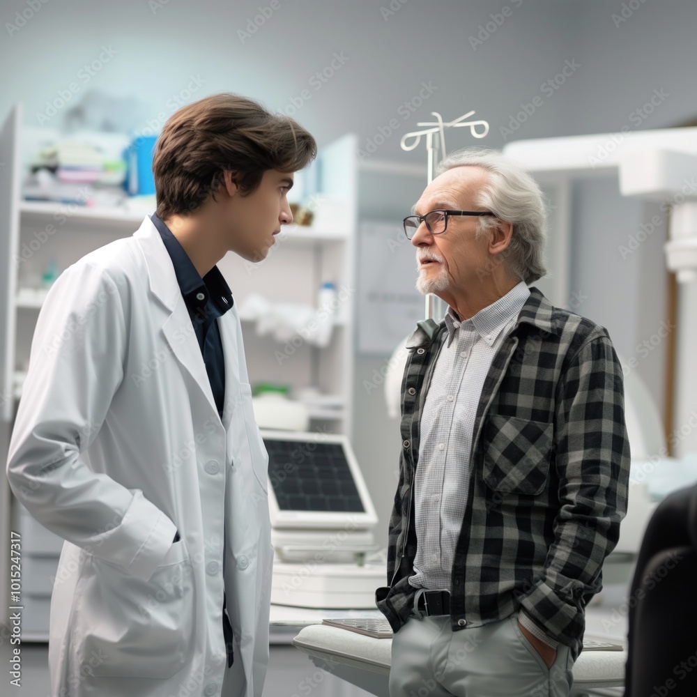 Obraz premium Medical pro discusses health with elderly patient in clinic. Doctor explains diagnosis, treatment options in well-organized room. Patient seated on chair, medical equipment on table. White coat,