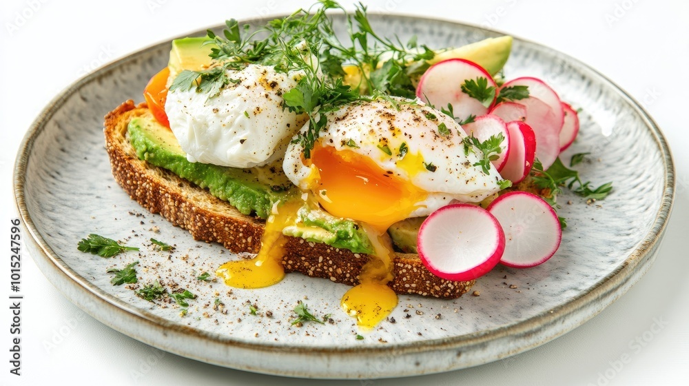 A vibrant breakfast plate featuring avocado toast with poached egg, radishes, and herbs, set against a clean white background for a fresh start to the day. A vibrant breakfast plate featuring avocado toast with poached egg, radishes, and herbs, set against a clean white background for a fresh start to the day.