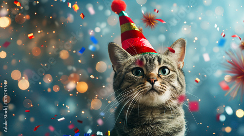  Tabby cat wearing a colorful party hat surrounded by confetti and festive lights. Copy space. Generative AI	