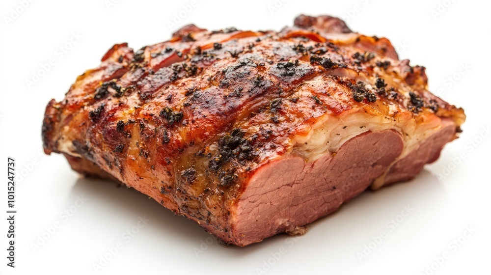 A whole ham roast with crispy outer skin, placed on a clean white background, emphasizing the juicy, succulent interior of this classic dish. A whole ham roast with crispy outer skin, placed on a clean white background, emphasizing the juicy, succulent interior of this classic dish.