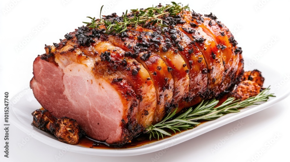 A whole ham roast with crispy outer skin, placed on a clean white background, emphasizing the juicy, succulent interior of this classic dish. A whole ham roast with crispy outer skin, placed on a clean white background, emphasizing the juicy, succulent interior of this classic dish.