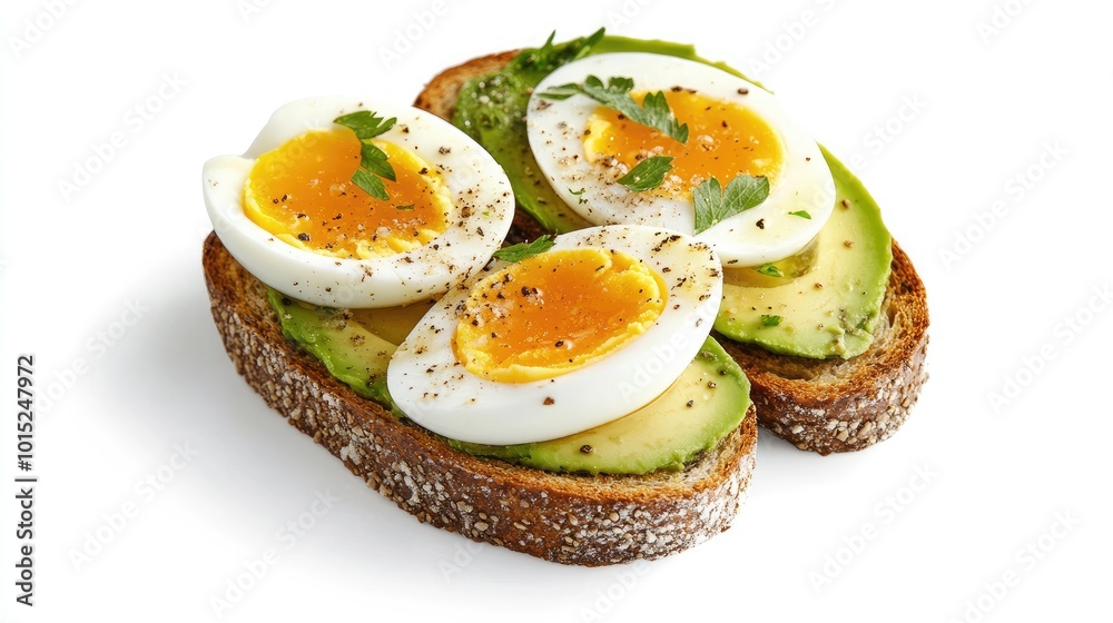 Avocado toast topped with a soft-boiled egg, seasoned with herbs and salt, displayed on a plain white background for a clean and healthy breakfast image. Avocado toast topped with a soft-boiled egg, seasoned with herbs and salt, displayed on a plain white background for a clean and healthy breakfast image.