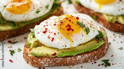 Close-up of avocado toast with a poached egg, sprinkled with red pepper flakes, placed on a white surface for a healthy breakfast idea.