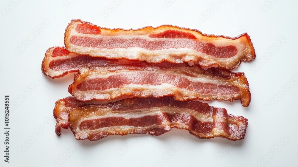 Crispy, perfectly cooked bacon strips arranged on a clean white background, highlighting the golden-brown edges and savory texture of the bacon. Crispy, perfectly cooked bacon strips arranged on a clean white background, highlighting the golden-brown edges and savory texture of the bacon.