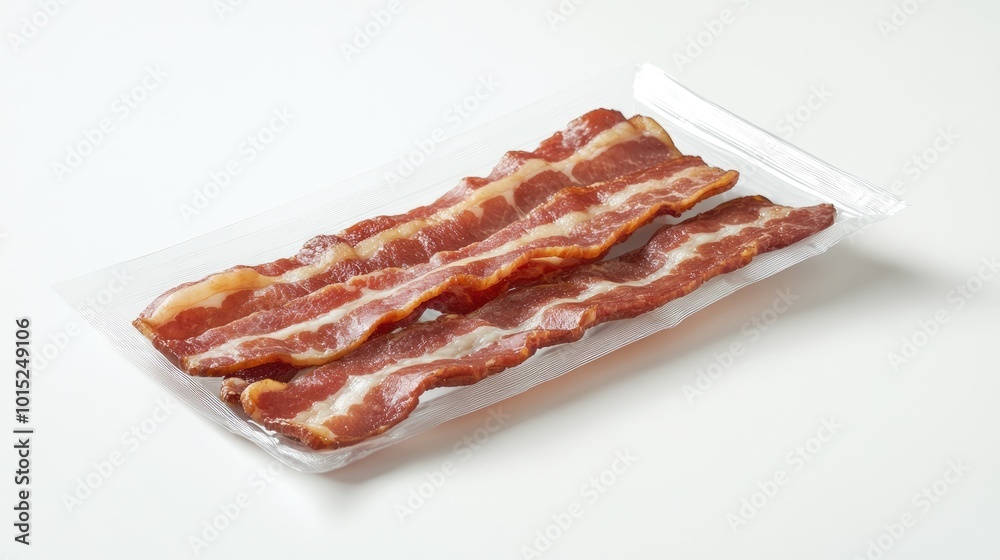 Premium bacon neatly arranged inside an elegant, modern package, isolated on a clean white background, showcasing the product presentation and quality. Premium bacon neatly arranged inside an elegant, modern package, isolated on a clean white background, showcasing the product presentation and quality.