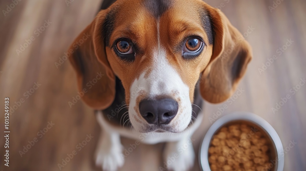A beagle dog looking up at the camera with a bowl of dog food beside him. A beagle dog looking up at the camera with a bowl of dog food beside him.