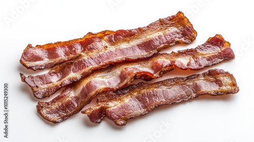 Thin slices of cooked bacon with a crispy, caramelized exterior, laid flat on a white background, highlighting its rich texture and color.