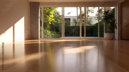 The modern living room features large glass sliding doors that open to a tranquil garden, bathed in warm sunlight, enhancing the serene atmosphere