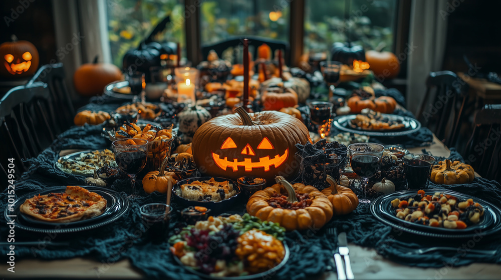 Halloween table with pumpkins and candles on the table Halloween table with pumpkins and candles on the table