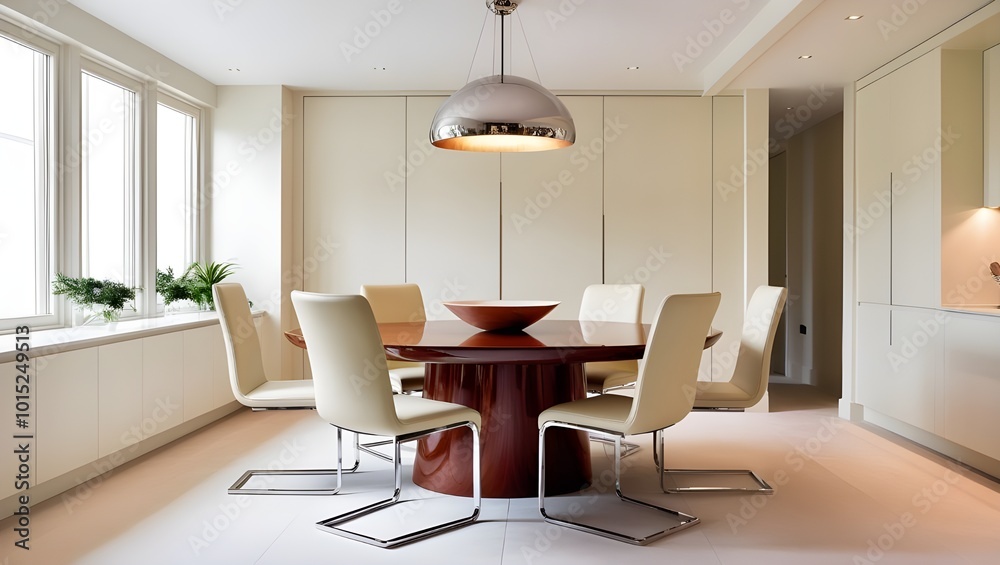 Fototapeta premium Modern kitchen interior with round dinning table and chairs . 3D Rendering