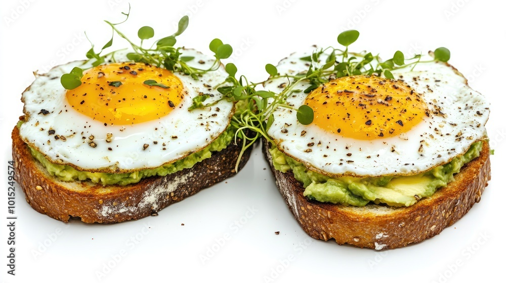 Two slices of avocado toast topped with fried eggs and microgreens, set against a white background, offering a wholesome breakfast concept. Two slices of avocado toast topped with fried eggs and microgreens, set against a white background, offering a wholesome breakfast concept.