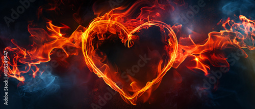 Fiery heart shape surrounded by swirling flames and smoke on dark background. Copy space. Generative AI	