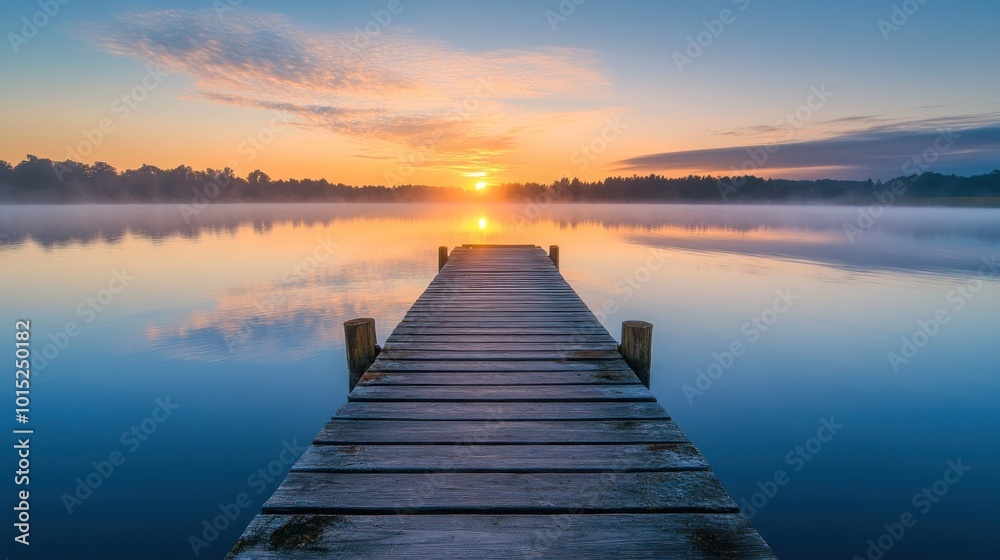 Sunrise over a Calm Lake with a Wooden Dock Sunrise over a Calm Lake with a Wooden Dock