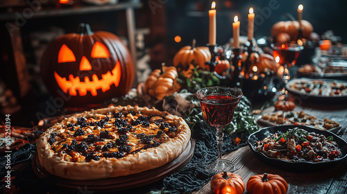 Halloween table with pumpkins and candles on the table. A table with a pumpkin and a candle on it